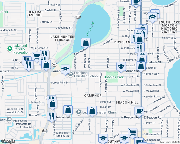 map of restaurants, bars, coffee shops, grocery stores, and more near 819 Ariana Street in Lakeland
