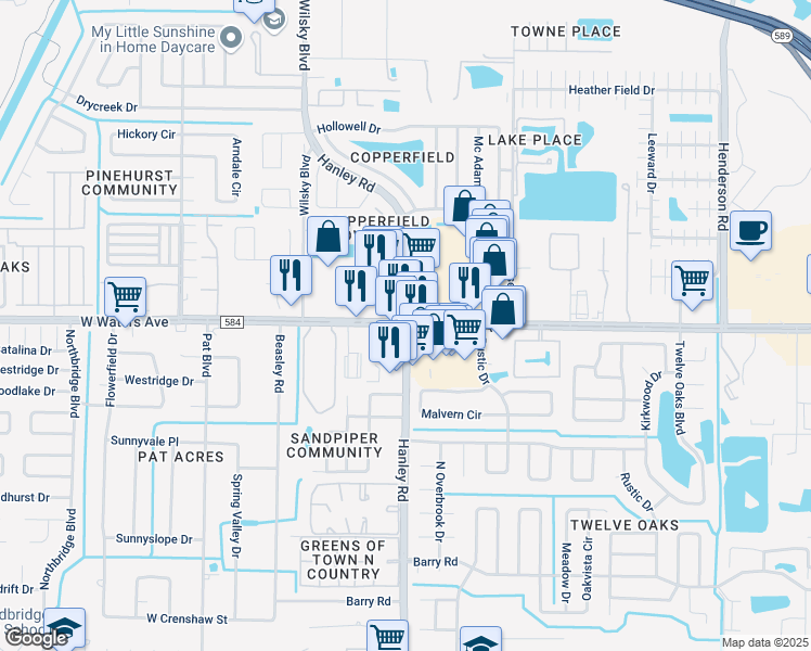map of restaurants, bars, coffee shops, grocery stores, and more near W Waters Ave & Hanley Rd in Town 'n' Country