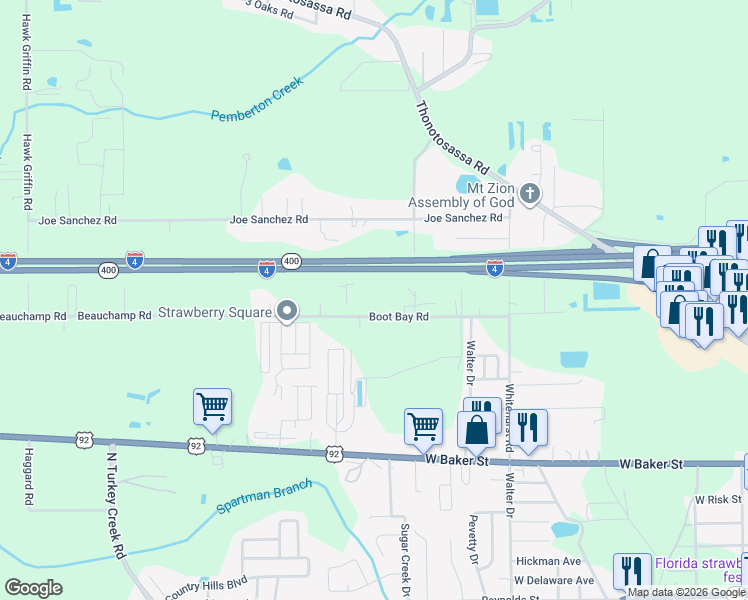 map of restaurants, bars, coffee shops, grocery stores, and more near 3904 Boot Bay Road in Plant City
