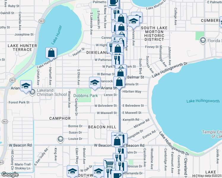 map of restaurants, bars, coffee shops, grocery stores, and more near 204 Ariana Street in Lakeland