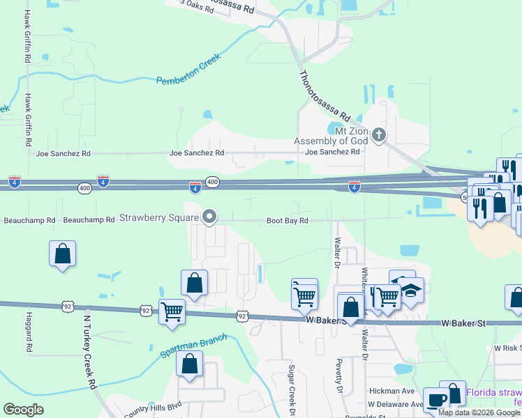 map of restaurants, bars, coffee shops, grocery stores, and more near 3904 Boot Bay Road in Plant City
