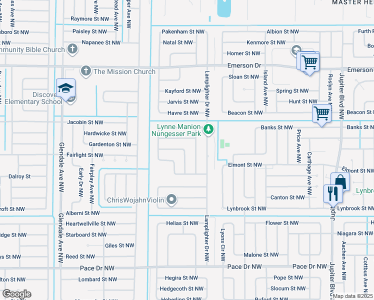 map of restaurants, bars, coffee shops, grocery stores, and more near 1095 Heath Avenue Northwest in Palm Bay