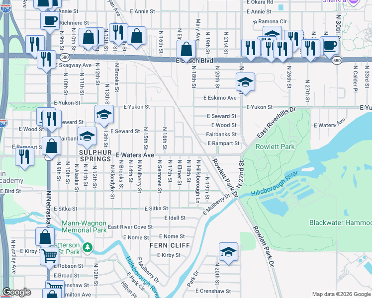 map of restaurants, bars, coffee shops, grocery stores, and more near 8410 North Elmer Street in Tampa