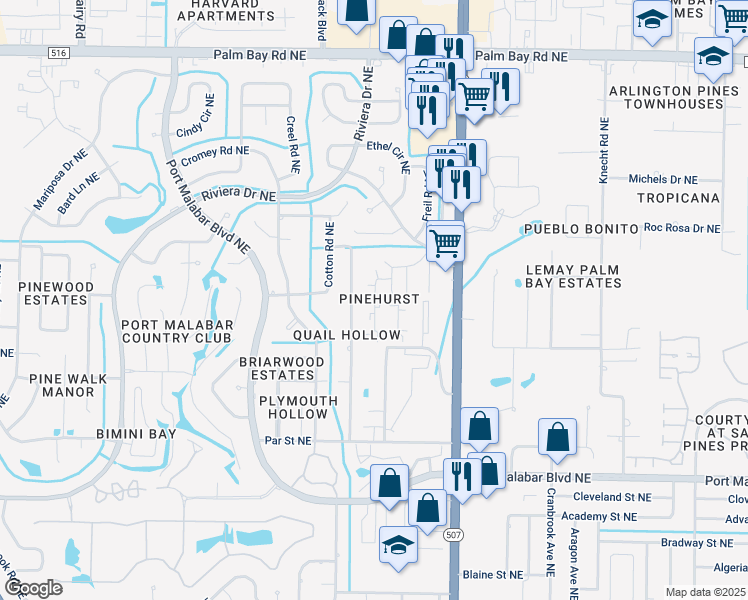 map of restaurants, bars, coffee shops, grocery stores, and more near 3811 Tree Ridge Lane Northeast in Palm Bay