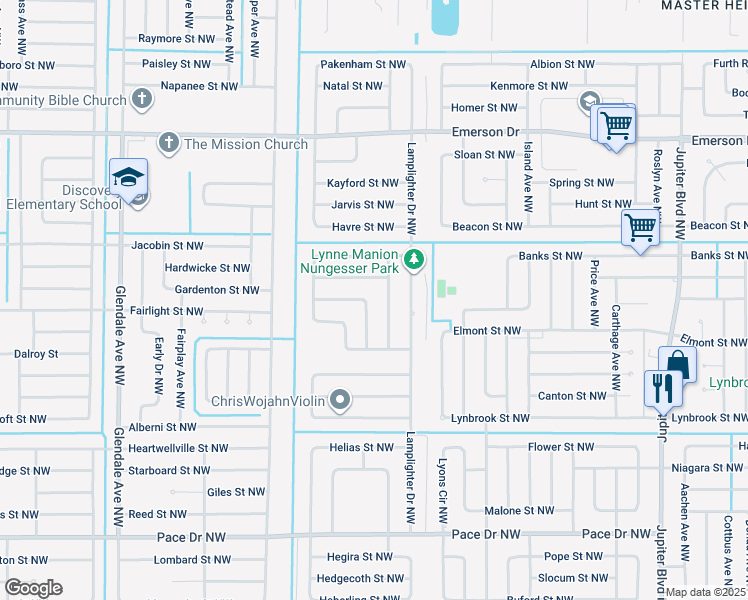 map of restaurants, bars, coffee shops, grocery stores, and more near 1120 Helena Avenue Northwest in Palm Bay