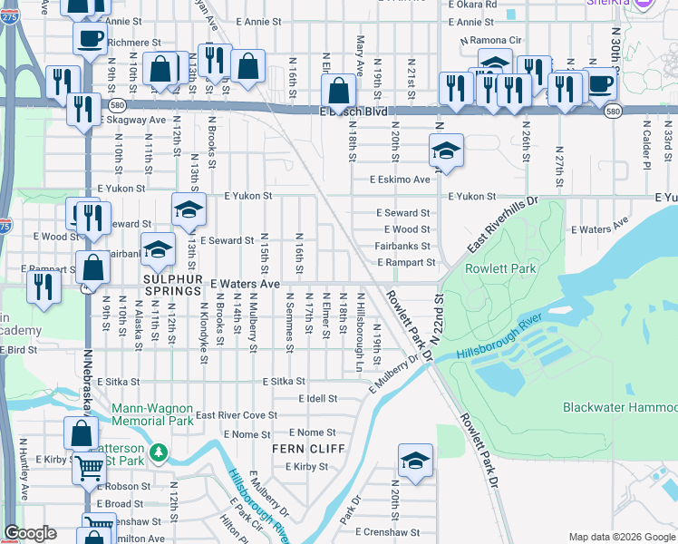 map of restaurants, bars, coffee shops, grocery stores, and more near 8410 North Elmer Street in Tampa