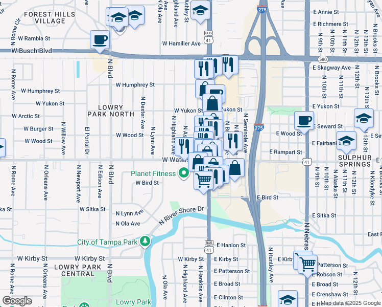 map of restaurants, bars, coffee shops, grocery stores, and more near 8406 North Tampa Street in Tampa