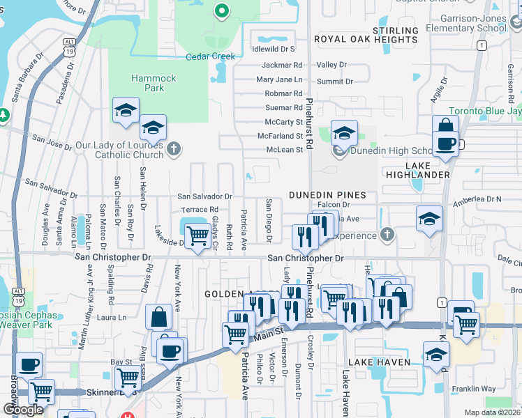 map of restaurants, bars, coffee shops, grocery stores, and more near 1540 San Diego Drive in Dunedin