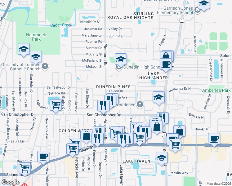 map of restaurants, bars, coffee shops, grocery stores, and more near 1165 Falcon Drive in Dunedin