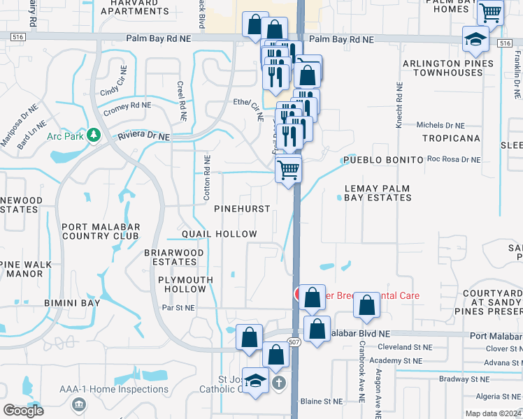 map of restaurants, bars, coffee shops, grocery stores, and more near 1711 Tree Ridge Lane Northeast in Palm Bay
