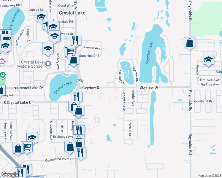 map of restaurants, bars, coffee shops, grocery stores, and more near 1408 Dolphin Drive in Lakeland