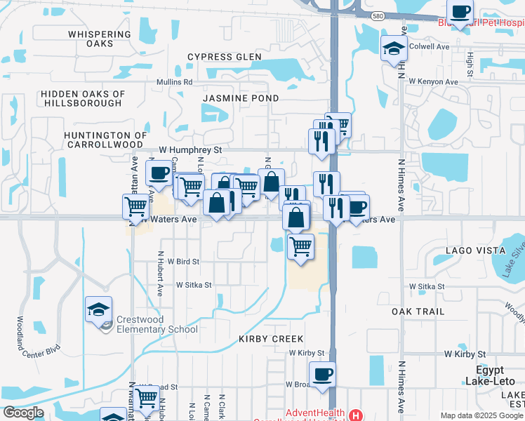 map of restaurants, bars, coffee shops, grocery stores, and more near 4001 West Waters Avenue in Tampa