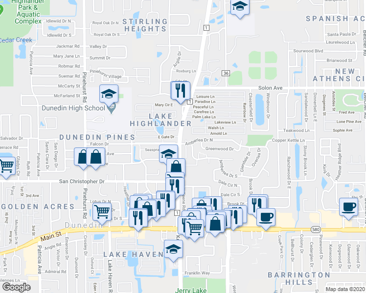 map of restaurants, bars, coffee shops, grocery stores, and more near 1380 Wildwood Court in Dunedin