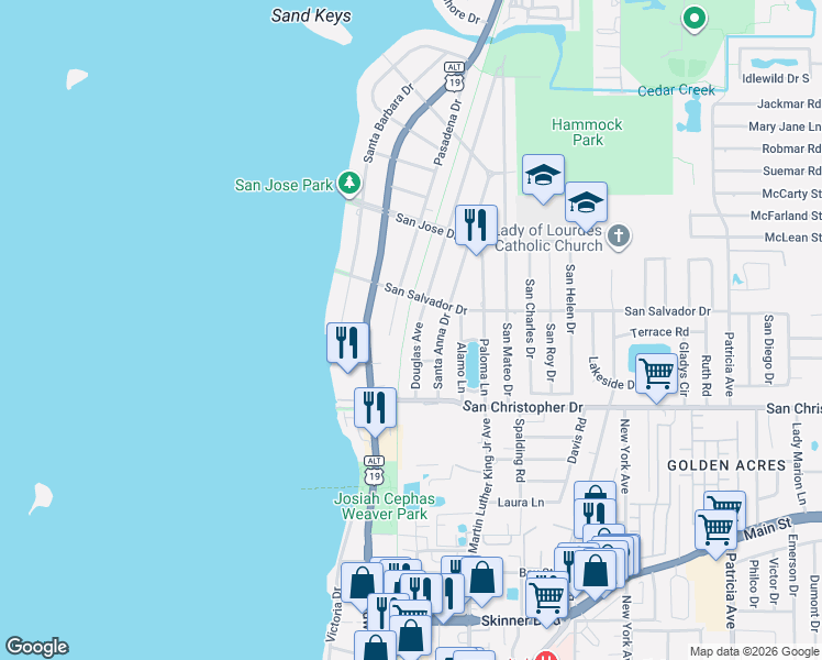 map of restaurants, bars, coffee shops, grocery stores, and more near 1540 Douglas Avenue in Dunedin