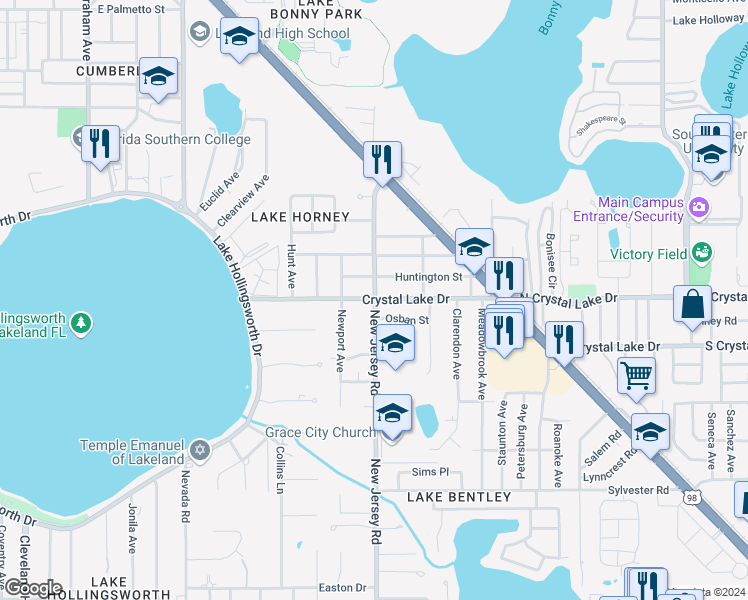 map of restaurants, bars, coffee shops, grocery stores, and more near 1599 Crystal Lake Drive in Lakeland