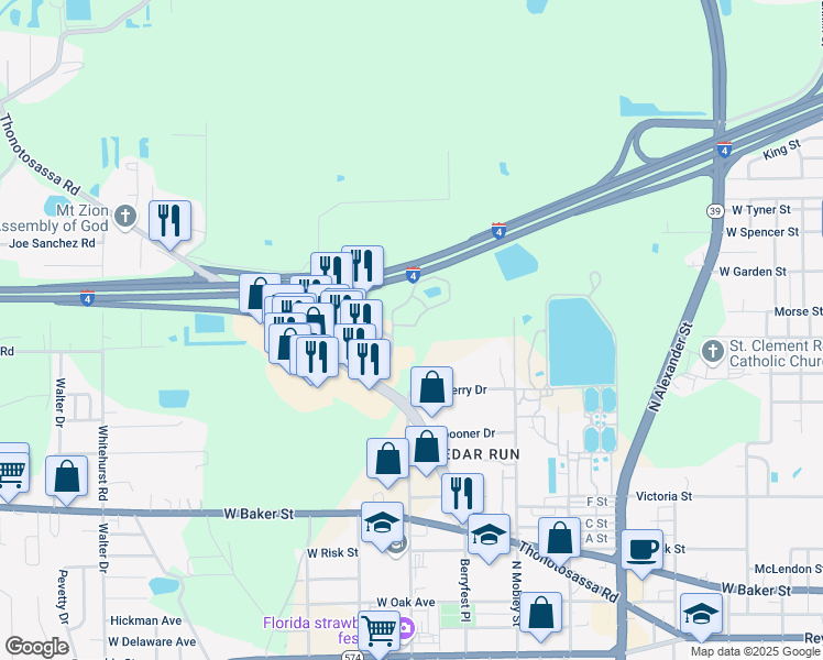 map of restaurants, bars, coffee shops, grocery stores, and more near 1227 Goldfinch Drive in Plant City
