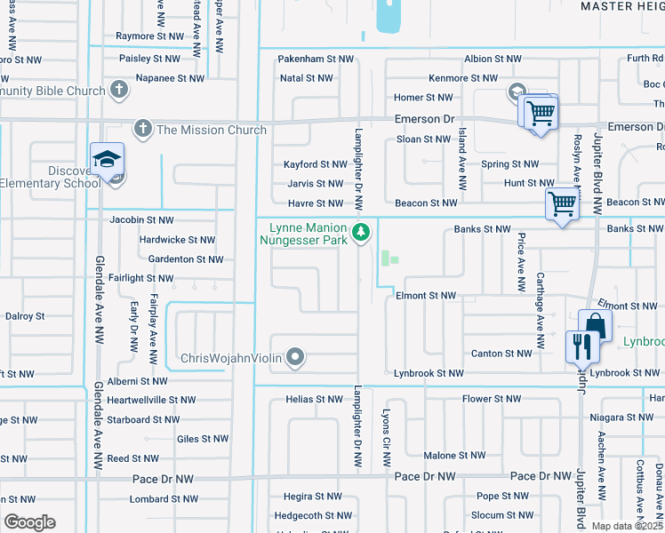 map of restaurants, bars, coffee shops, grocery stores, and more near 1120 Helena Avenue Northwest in Palm Bay