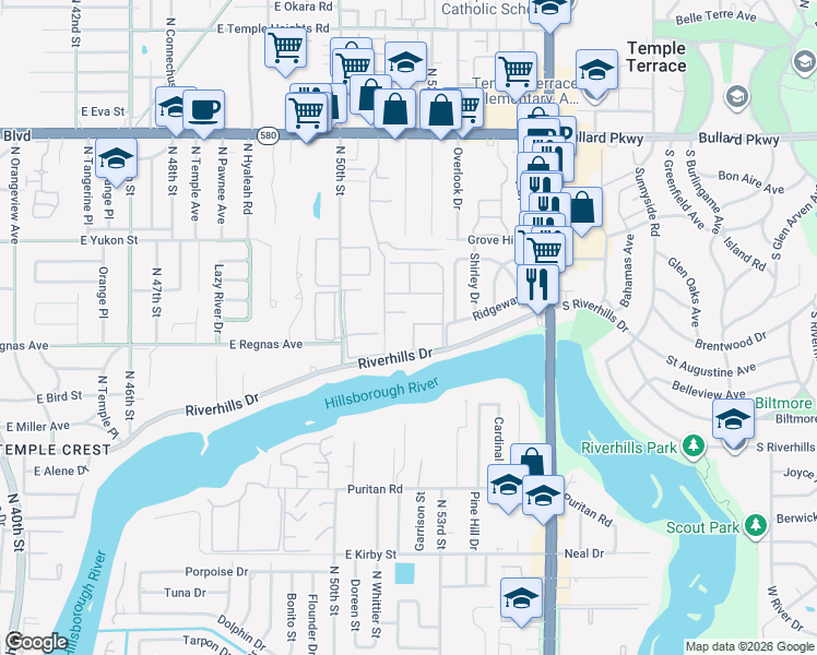 map of restaurants, bars, coffee shops, grocery stores, and more near 8412 Rio Bravo Court in Tampa