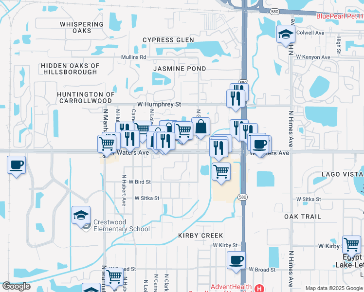 map of restaurants, bars, coffee shops, grocery stores, and more near 4023 West Waters Avenue in Tampa