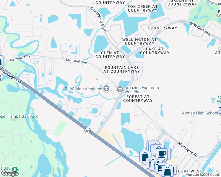 map of restaurants, bars, coffee shops, grocery stores, and more near 12112 Rustic River Way in Tampa