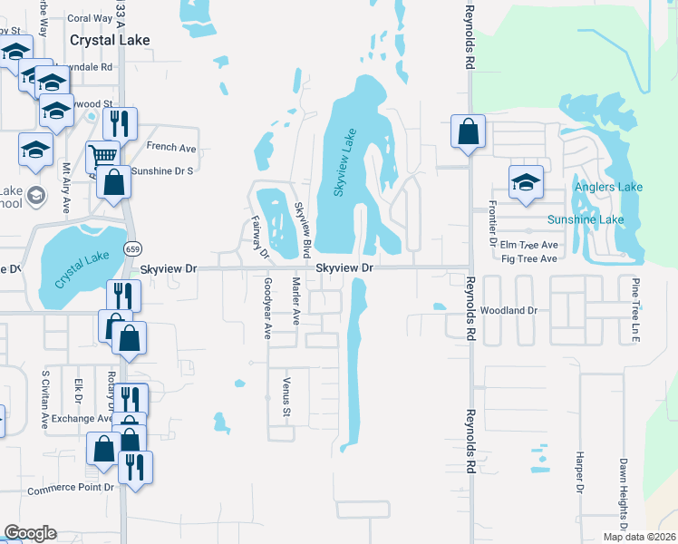 map of restaurants, bars, coffee shops, grocery stores, and more near 3064 Skyview Drive in Lakeland
