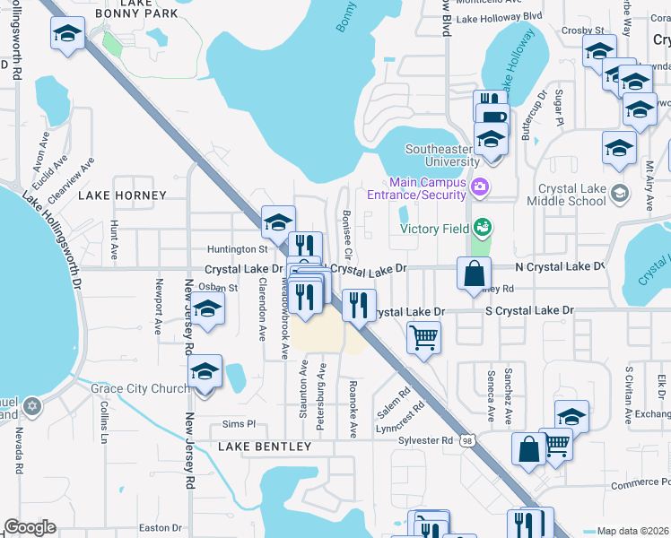 map of restaurants, bars, coffee shops, grocery stores, and more near 67 Bonisee Circle in Lakeland