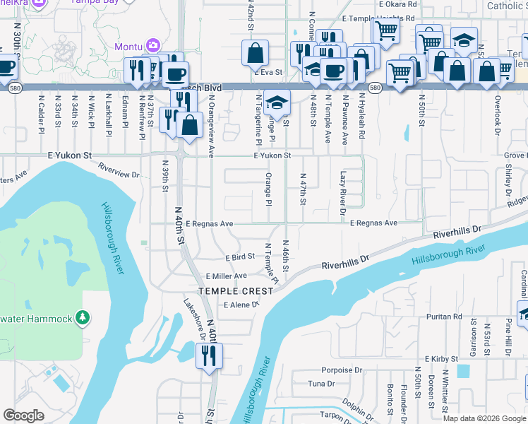 map of restaurants, bars, coffee shops, grocery stores, and more near 8407 North Tangerine Place in Tampa