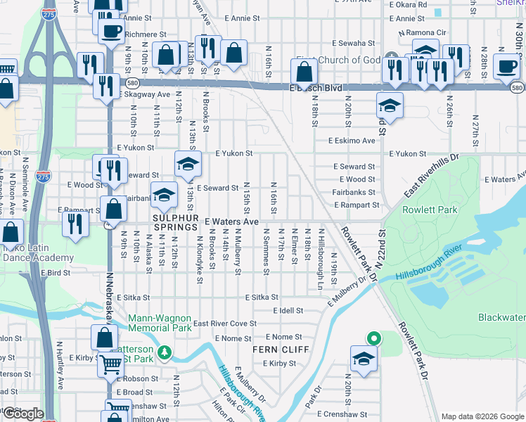 map of restaurants, bars, coffee shops, grocery stores, and more near 8410 North 16th Street in Tampa