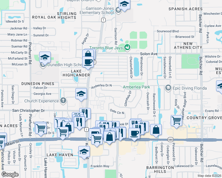 map of restaurants, bars, coffee shops, grocery stores, and more near 1608 Greenwood Drive in Dunedin