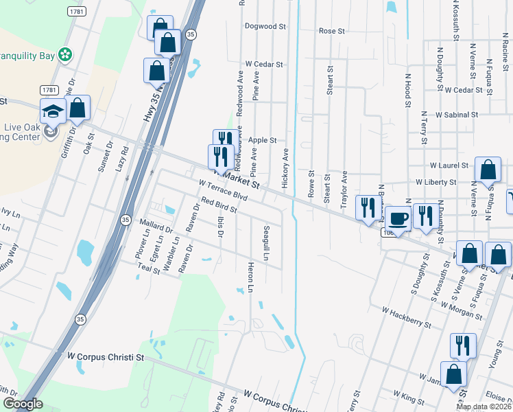 map of restaurants, bars, coffee shops, grocery stores, and more near 1205 West Terrace Boulevard in Rockport