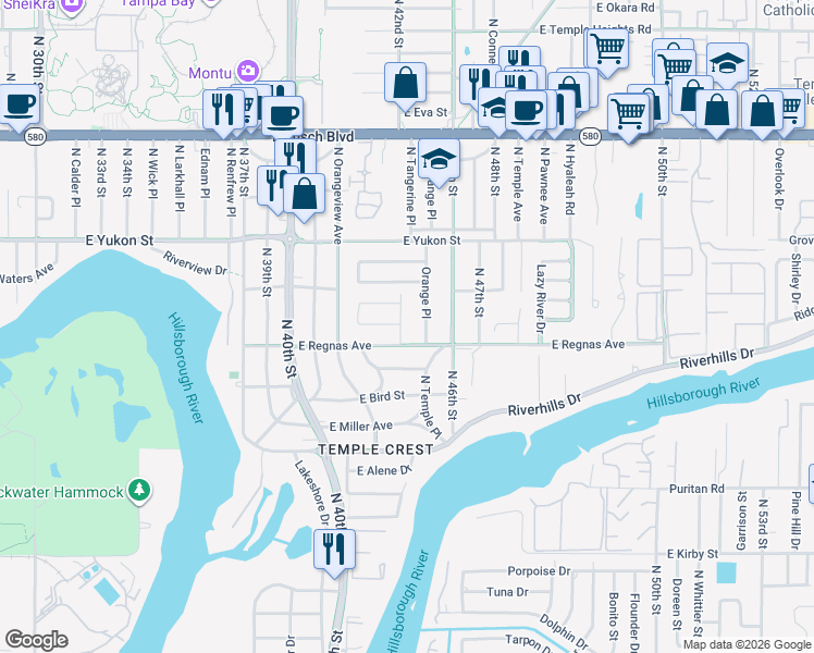 map of restaurants, bars, coffee shops, grocery stores, and more near 8407 North Tangerine Place in Tampa