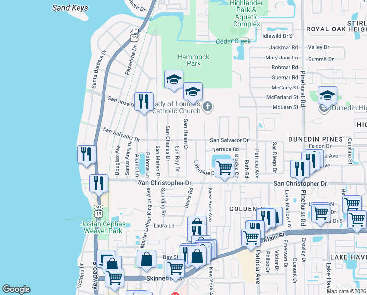 map of restaurants, bars, coffee shops, grocery stores, and more near 1550 San Helen Dr in Dunedin