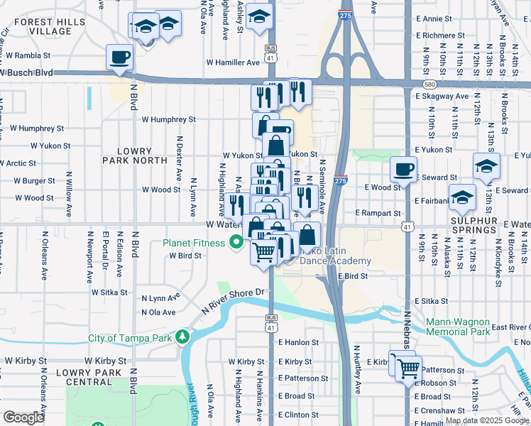 map of restaurants, bars, coffee shops, grocery stores, and more near 8410 North Florida Avenue in Tampa