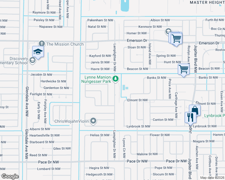 map of restaurants, bars, coffee shops, grocery stores, and more near 1126 Lamplighter Drive Northwest in Palm Bay
