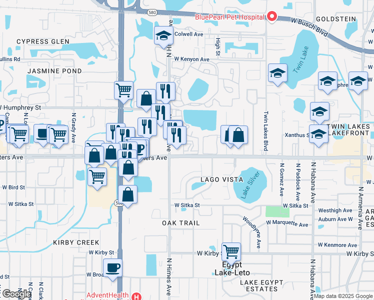 map of restaurants, bars, coffee shops, grocery stores, and more near 8407 Lincoln Cove Drive in Tampa