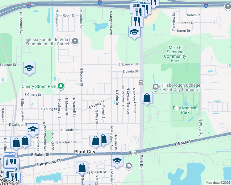 map of restaurants, bars, coffee shops, grocery stores, and more near 1201 North Palm Drive in Plant City