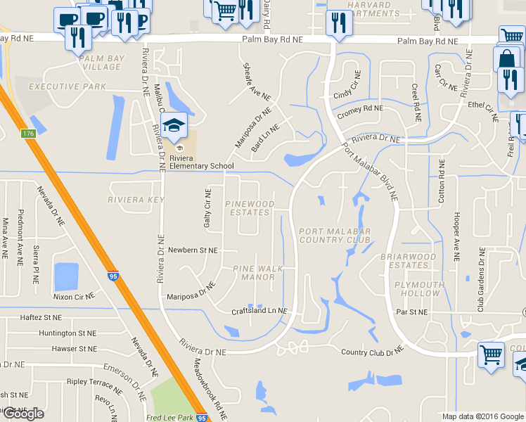 map of restaurants, bars, coffee shops, grocery stores, and more near 1118 Morgan Circle Northeast in Palm Bay