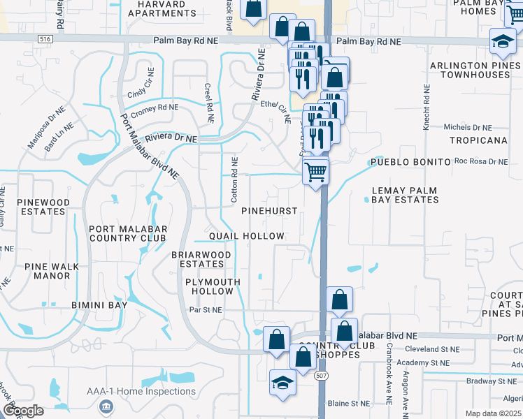 map of restaurants, bars, coffee shops, grocery stores, and more near 3512 Tree Ridge Lane Northeast in Palm Bay