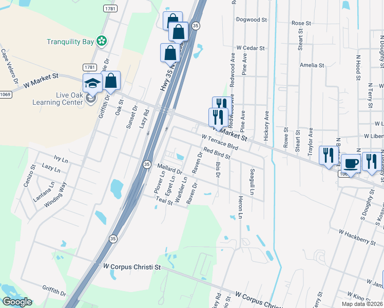 map of restaurants, bars, coffee shops, grocery stores, and more near 812 Warbler Lane in Rockport