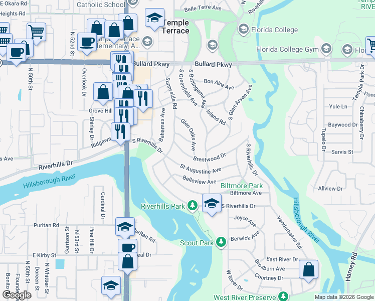 map of restaurants, bars, coffee shops, grocery stores, and more near 308 Brentwood Drive in Tampa