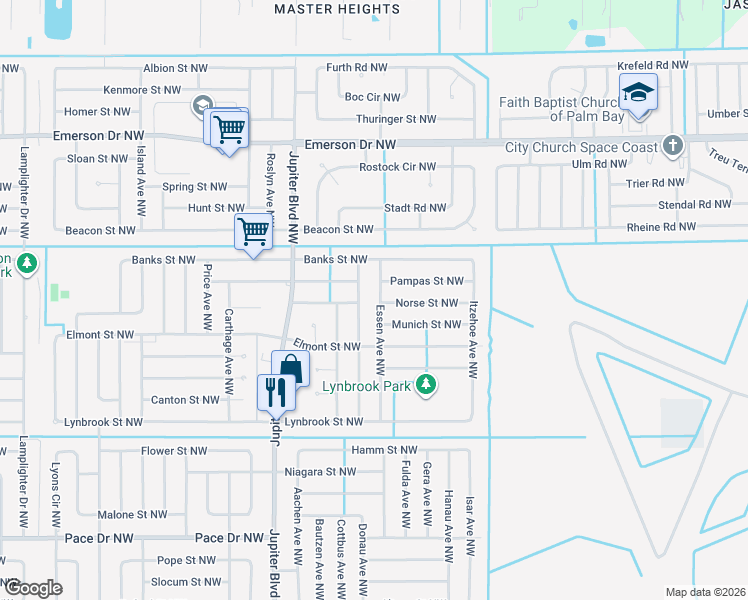 map of restaurants, bars, coffee shops, grocery stores, and more near 1110 Essen Ave NW in Palm Bay