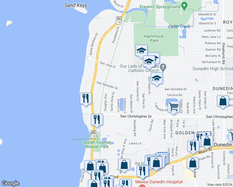 map of restaurants, bars, coffee shops, grocery stores, and more near 1540 Alamo Lane in Dunedin