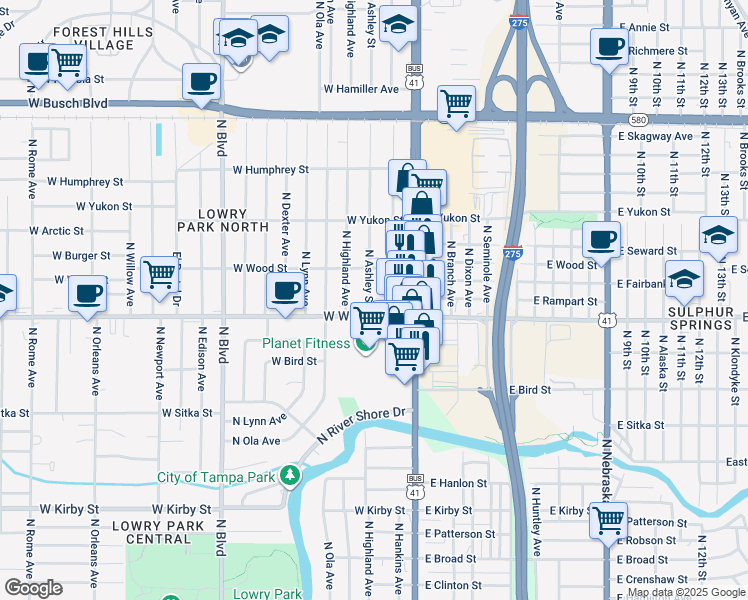 map of restaurants, bars, coffee shops, grocery stores, and more near 8406 North Tampa Street in Tampa