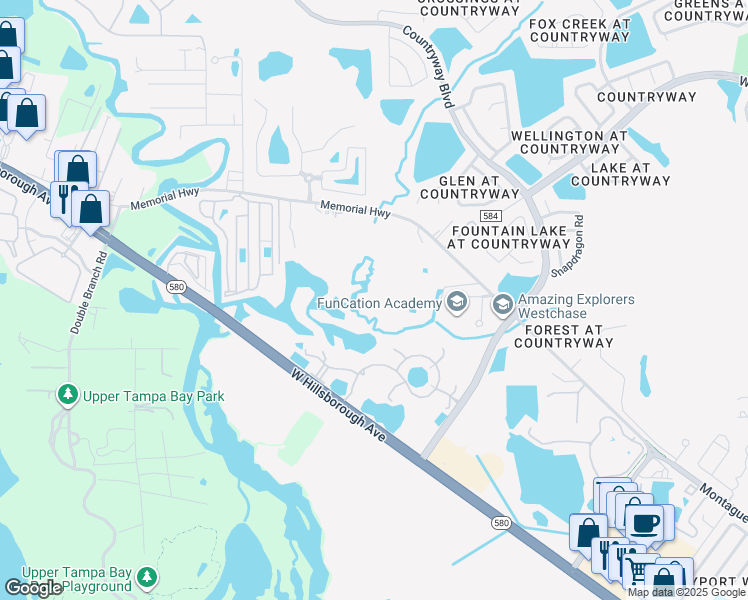 map of restaurants, bars, coffee shops, grocery stores, and more near 7631 Southern Brook Bend in Tampa