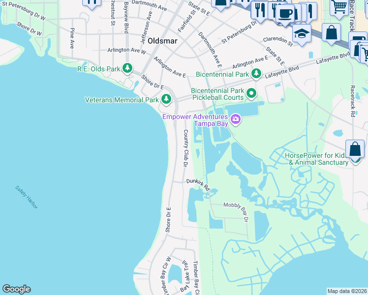map of restaurants, bars, coffee shops, grocery stores, and more near 324 Country Club Drive in Oldsmar