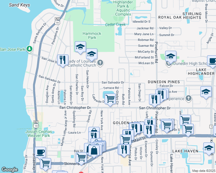 map of restaurants, bars, coffee shops, grocery stores, and more near 784 Terrace Road in Dunedin