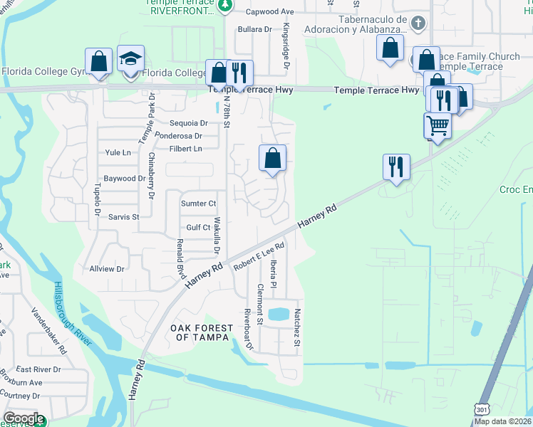map of restaurants, bars, coffee shops, grocery stores, and more near 8518 Alexandra Arbor Lane in Temple Terrace