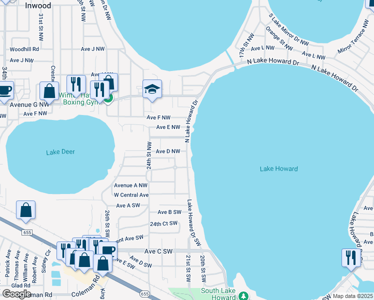 map of restaurants, bars, coffee shops, grocery stores, and more near 1 North Lake Howard Drive in Winter Haven