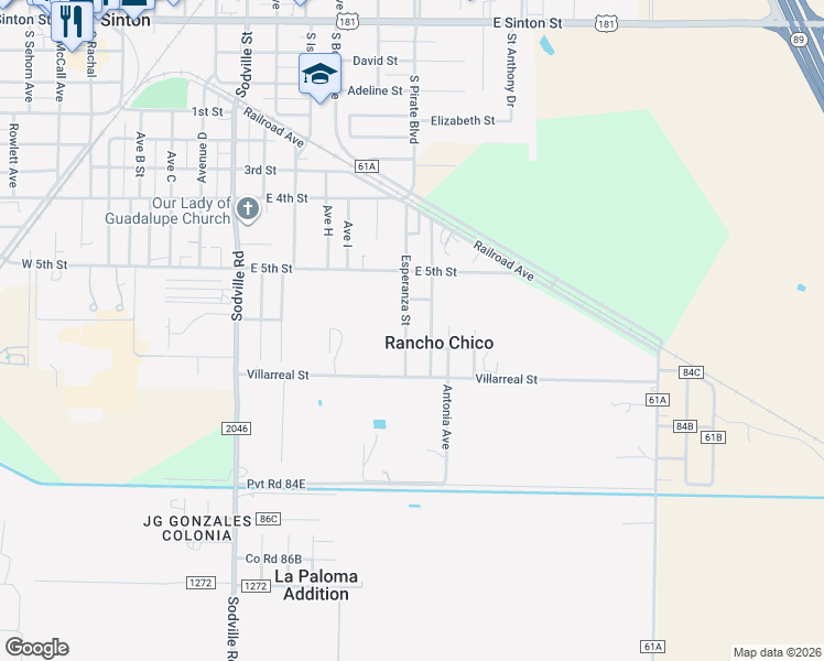 map of restaurants, bars, coffee shops, grocery stores, and more near 1104 Esperanza Street in Sinton