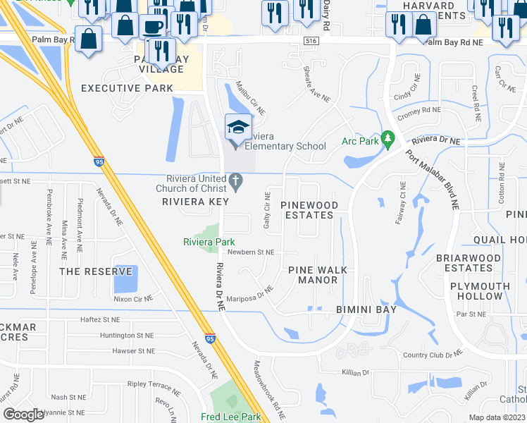 map of restaurants, bars, coffee shops, grocery stores, and more near 1096 Galty Circle Northeast in Palm Bay